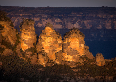 Three Sisters, at Katoomba, in the Blue Mountains, Australia. Captured at sunset.の写真素材