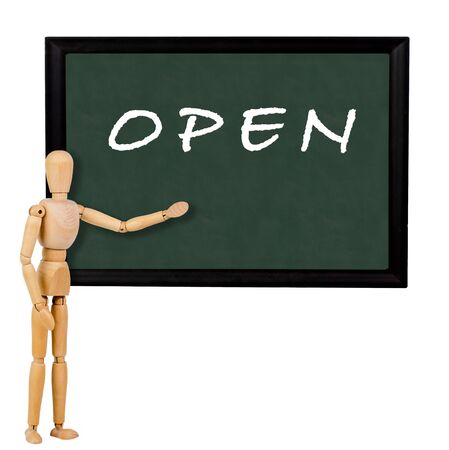 mannequin pointing to blackboard with the text "open"の写真素材
