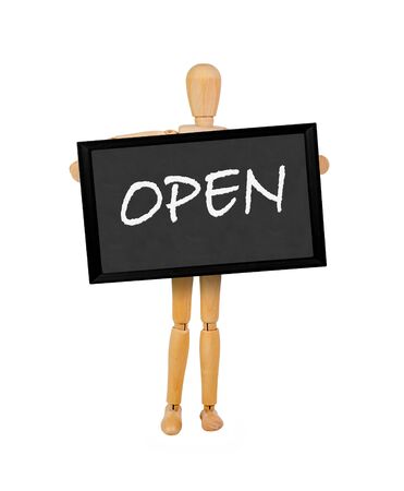 mannequin holding a  blank blackboard stating 'open'の写真素材