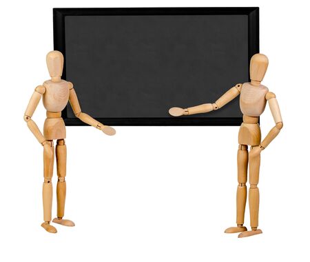 two mannequins pointing to blank blackboard for others to personalizeの写真素材