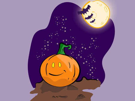 Night halloween pumpkin on the ground with smiley face. The full moon and bats and stars are seen.のイラスト素材