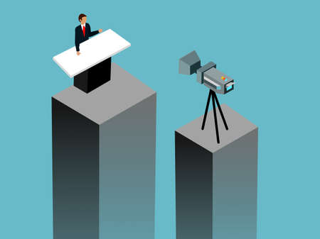 Isometric view of a news commentator, or someone who is dedicated to voiceover and streaming.