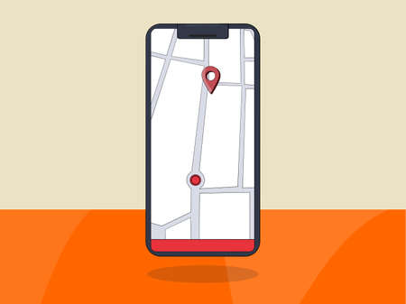 cell phone or smartphone turned on with a map and an established route to get to a pointのイラスト素材
