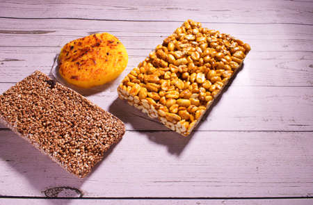 typical mexican sweets on a wooden backgroundの写真素材
