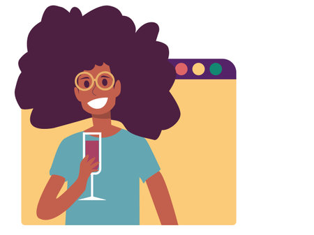 Young woman partying online and holding a transparent glassのイラスト素材