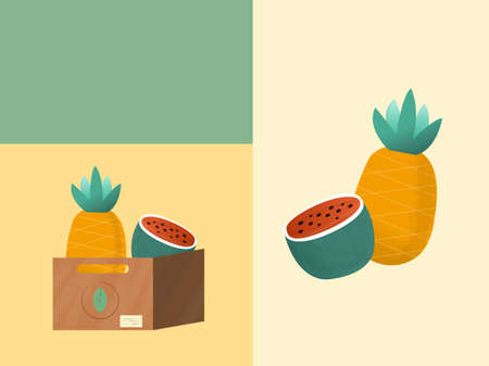 Set of fruits, a pineapple and a watermelon in a box on a beige background with greenのイラスト素材