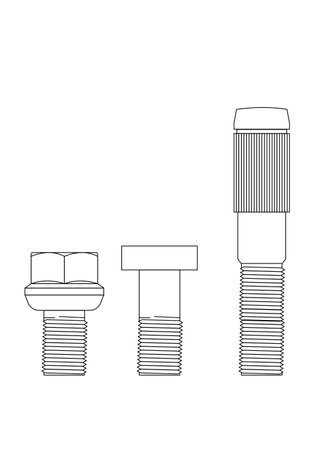 Drawing of three different types of automotive stud on a white background, The stud is a fastening element found on automobile tires to provide greater securityのイラスト素材