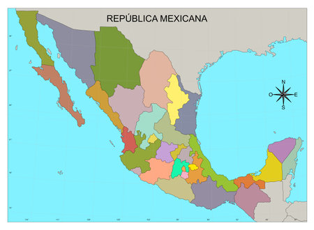 Map of the Republic of Mexico or Mexico, without names with colors and degreesのイラスト素材