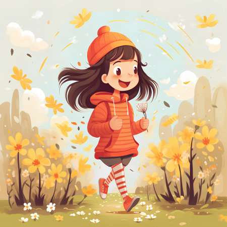Little girl running in the autumn park. Cute cartoon vector illustration.の素材