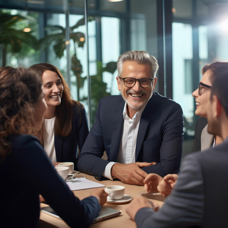 Cheerful mature businessman sitting at table in office and talking with his colleagues, Mexican peopleの素材