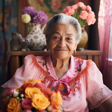 Portrait of a senior woman with a bouquet of flowers.の素材