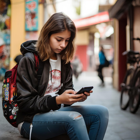Young woman sitting on the street and texting on her mobile phone.の素材