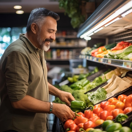 Portrait of mature man buying fresh vegetables at grocery store. He is standing and smiling, Middle-aged man does shopping in the supermarketの素材