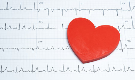 Red heart on electrocardiogram background. Health care concept.