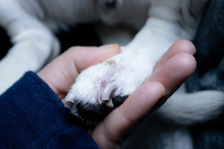 Close up of a cute white dog's paw and its owner's hand