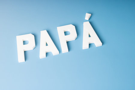 Plastic letters on a blue background. The word PAPA is cut out of paper.