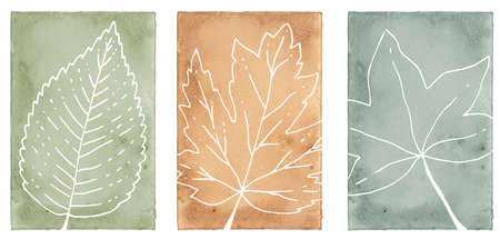 Leaves made in white ink on watercolor background. Leaves drawn with white lines on colored texture...