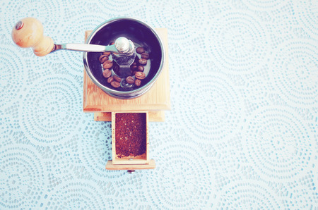 Wooden coffee grinder, vintage filter                               の写真素材