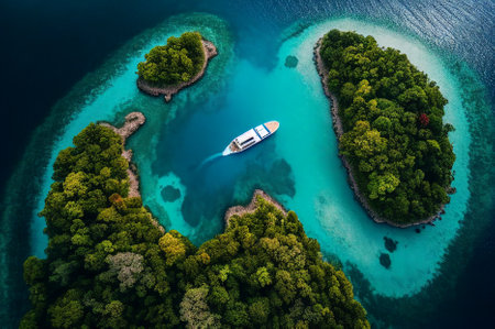 Aerial view of small beautiful island paradise and yacht boat for summer travel concept, generative aiの素材