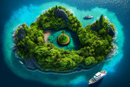 Aerial view of small beautiful island paradise and yacht boat for summer travel concept, generative aiの素材