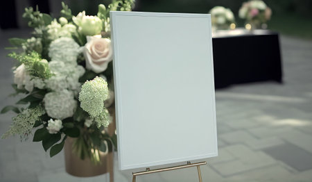 Blank empty clean modern wedding whiteboard mock up with natural leaves and flower for decorated in front of the ceremony background, generative Aiの素材