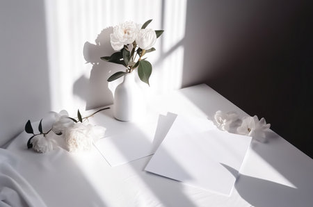 Blank wedding invitation card mock up with natural flowers for decorated on white background, minimal design, generative Aiの素材