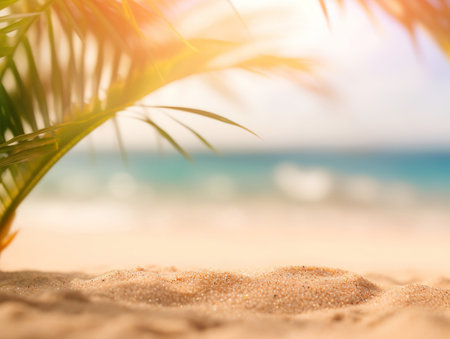 Tropical summer sand beach holiday blur background, vacation travel concept with copy spaceの素材