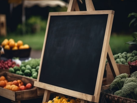 Blank blackboard mockup in organic farmer market background, agriculture and business farmer conceptの素材