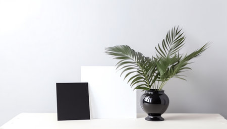 Blank black wedding card or invitation letter mock up with natural leaves for decorated background, minimal design cardの素材