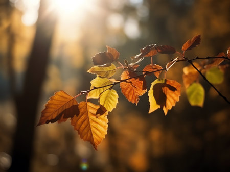 Beautiful autumn leaves natural light background, colorful foliage in octoberの素材