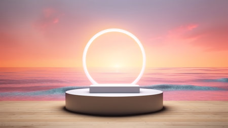 Abstract podium for organic packaging presentation and product on summer sand beach sunset backgroundの素材