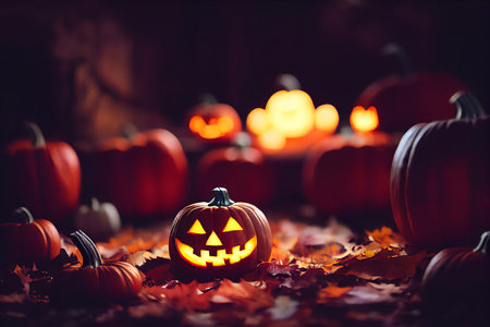 Happy halloween with jack o' lantern pumpkin and glowing light in the dark background, october holidayの素材