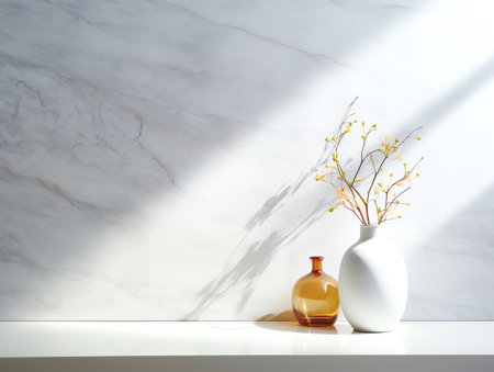 Abstract white marble tabletop with plant and copy space background, product montageの素材