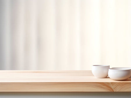 Abstract blank wooden tabletop over white wall background with morning sunlightの素材