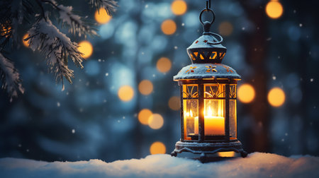 Christmas lantern light on snow background with fir branch in evening sceneの素材