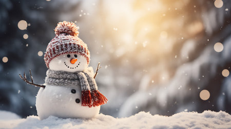 Cute snowman in a cap and scarf in winter snow scene background, celebration conceptの素材