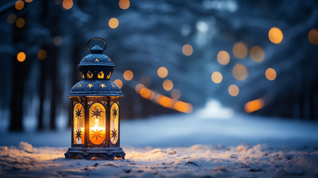 Christmas lantern light on snow background with fir branch in evening sceneの素材