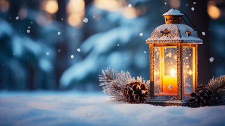 Christmas lantern light on snow background with fir branch in evening sceneの素材