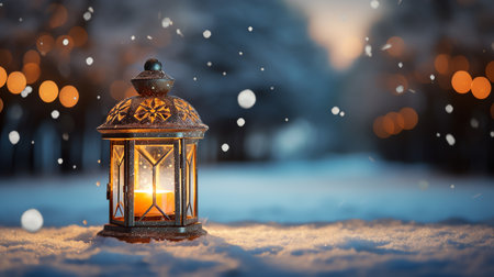 Christmas lantern light on snow background with fir branch in evening sceneの素材