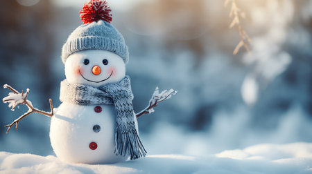 Cute snowman in a cap and scarf in winter snow scene background, celebration conceptの素材