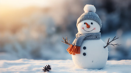 Cute snowman in a cap and scarf in winter snow scene background, celebration conceptの素材