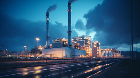 Panoramic view of gas turbine electrical power plant in twilight sky background, industry conceptの素材