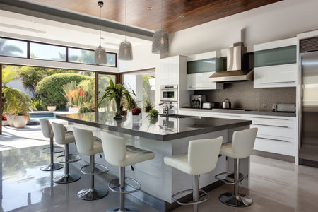 Modern luxury design kitchen room interior, dining island table with chairsの素材