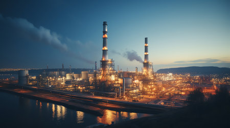 Panoramic view of gas turbine electrical power plant in twilight sky background, industry conceptの素材
