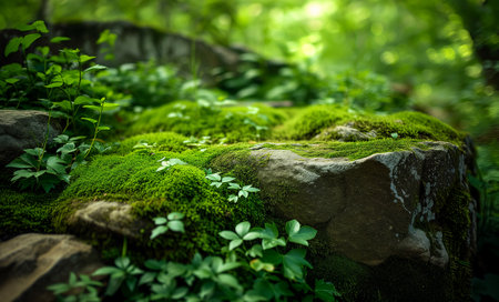 Beautiful bright green moss grown up cover the rough stones in the forest, for product display mockup backgroundの素材