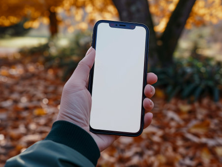 Close up man hand showing and using smartphone with blank empty white sceen mock up in the parkの素材