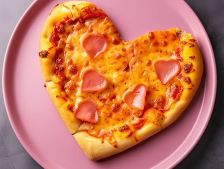Top view of piece of pizza in the shape of heart on pink plate for valentines day and love conceptの素材