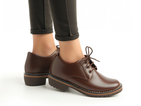 Close up of fashionable woman leather shoes side view on white background, trendy styleの素材