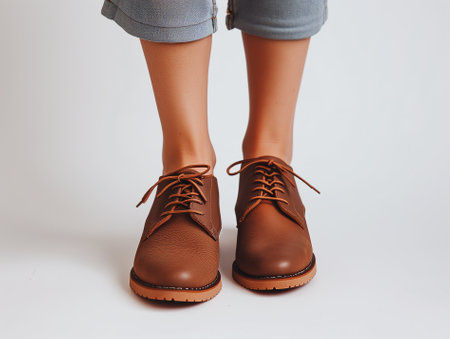 Close up of fashionable woman leather shoes side view on white background, trendy styleの素材