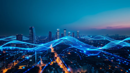 Double exposure of smart city and big data connection technology concept with digital blue wavy wires on city skyline backgroundの素材
